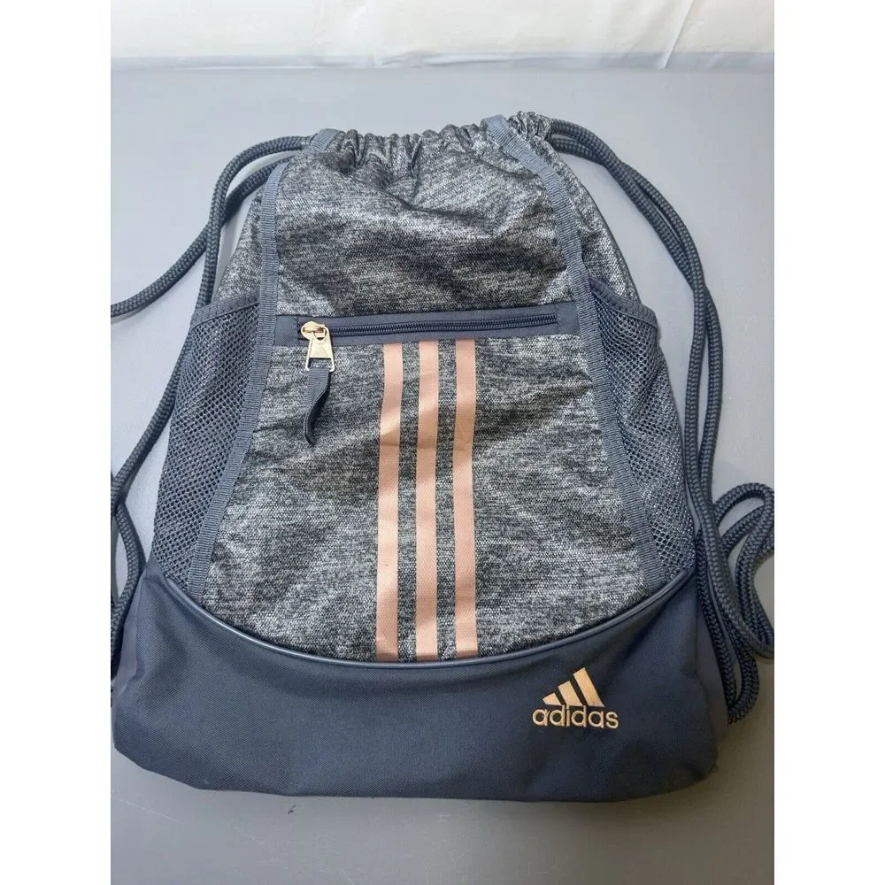 Adidas‎ Gray Gold Drawstring Back Pack With From Zipper Pouch 14x16